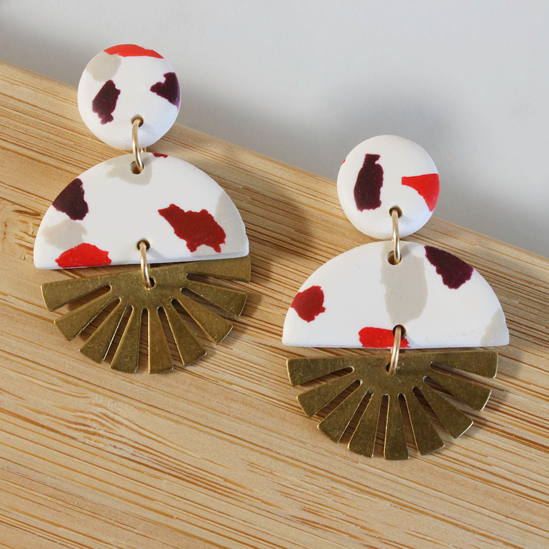 SOL Earrings.  White Polymer Clay Terrazzo earrings with brass Sun Rays