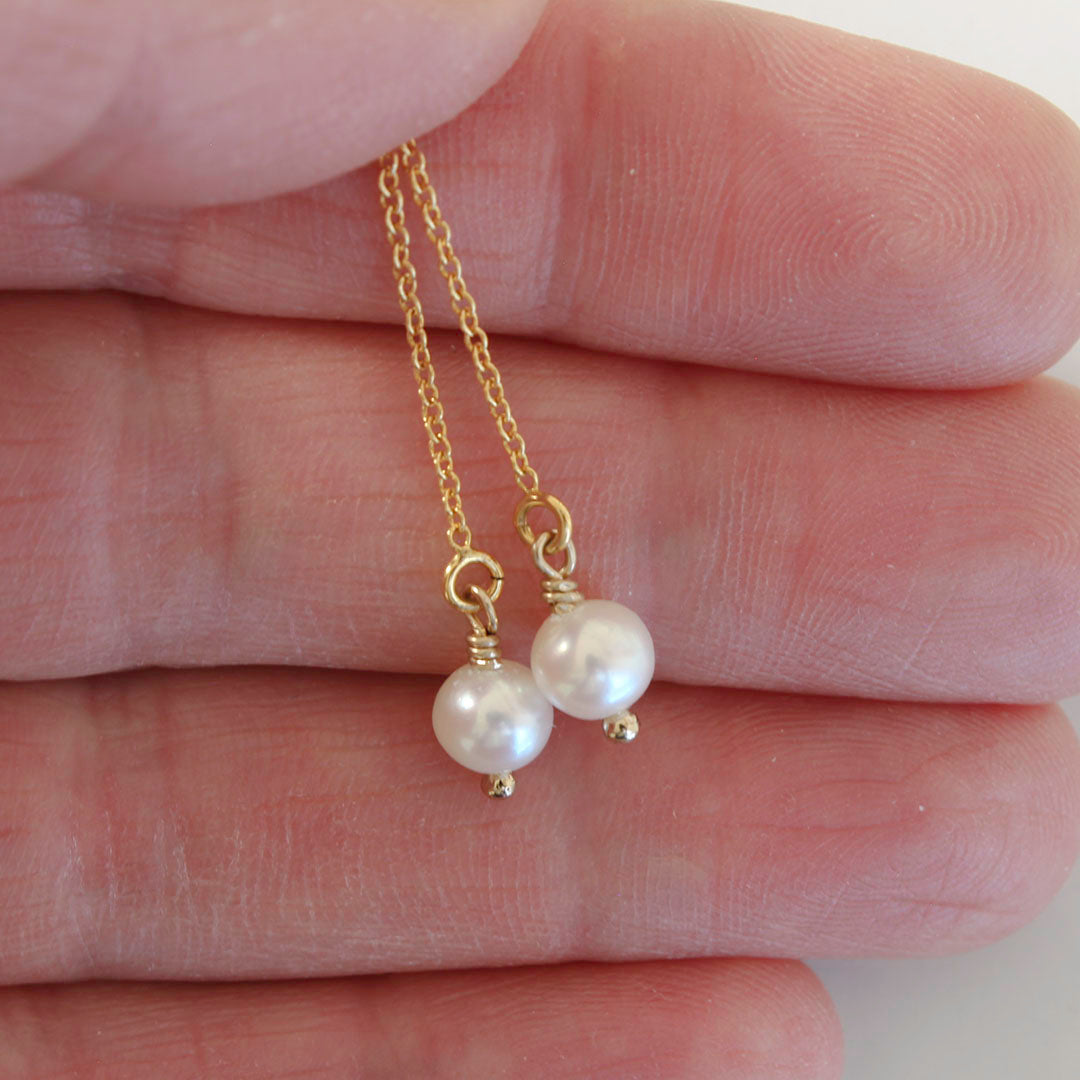 14K Gold fill Threader Earrings with White freshwater pearls