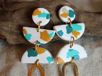 KARINA Earrings. Polymer Clay Teal & Turquoise Terrazzo earrings with Brass arches