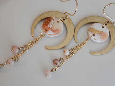 LUNA Earrings.  White, Pink and Gold Leaf earrings with brass Crescent Moons