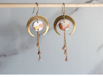 LUNA Earrings.  White, Pink and Gold Leaf earrings with brass Crescent Moons
