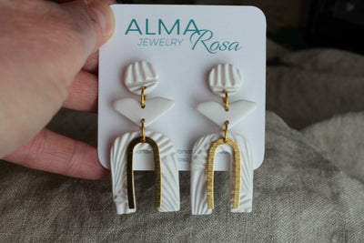 PERSONA Earrings. Textured White Polymer Clay Arch earrings with brass dangles