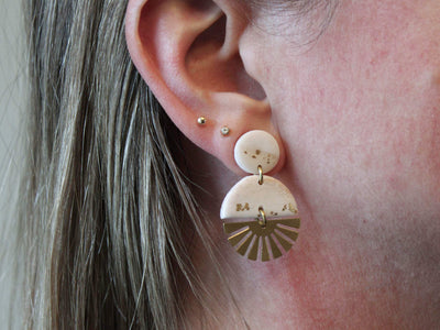 SOL Earrings.  White Polymer Clay Terrazzo earrings with brass Sun Rays