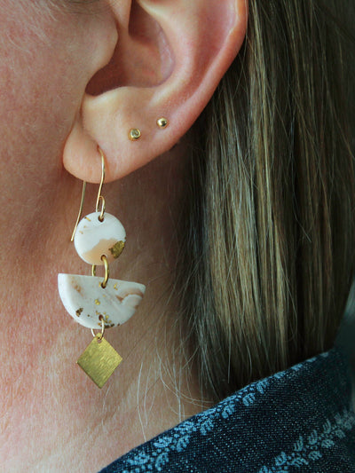 COLIBRI Earrings. White, Gray, Black and Gold leaf Polymer Clay statement earrings with brass dangles
